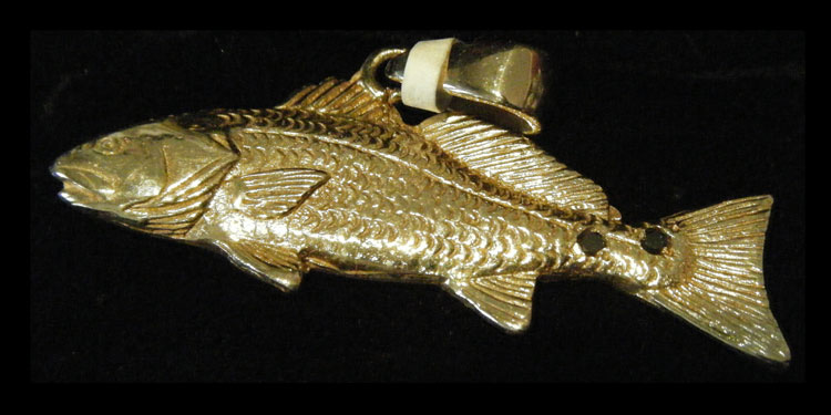 14 K Gold Redfish Pendant with Black Diamond Spots - Steve's Custom Jewelry in Port Aransas, Texas.