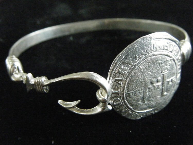 Sterling Silver Fish Hook Bracelette with Spanish Reale - One of a Kind - Steve's Custom Jewelry in Port Aransas, Texas.