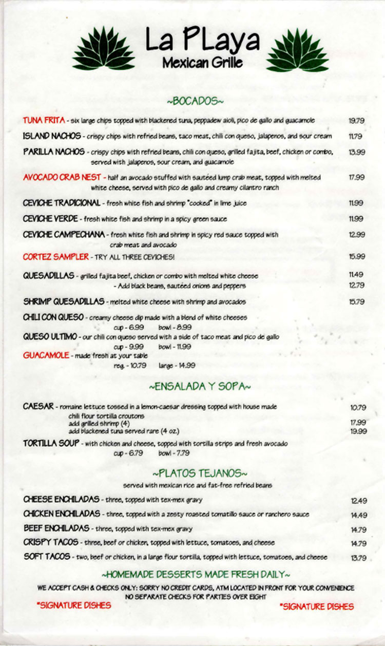 La Playa Mexican Grille menu in Port Aransas, TX.