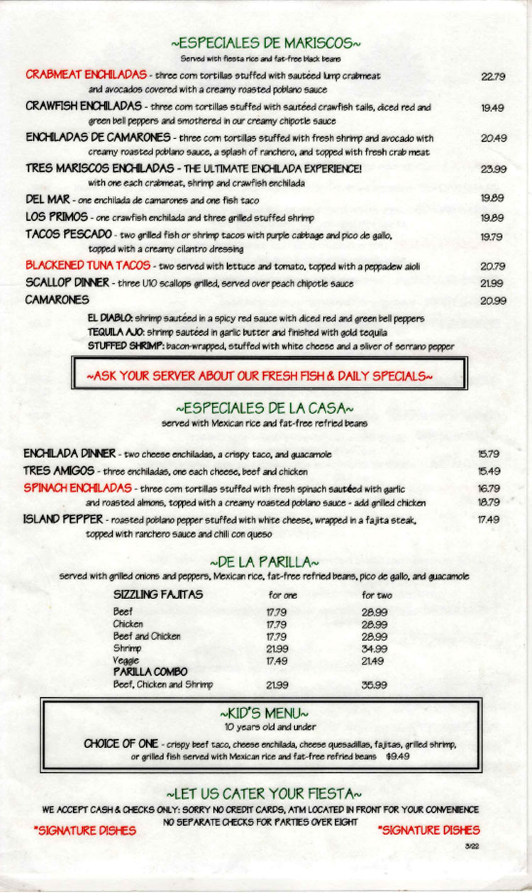 La Playa Mexican Grille menu in Port Aransas, TX.